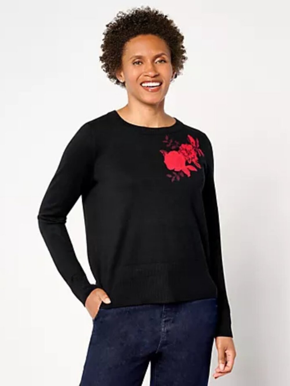 Studio Park X Jane Treacy Placed Floral Sweater, Black Sz  a665371